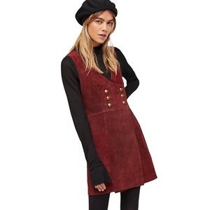 Free People Stevie Mini Dress Suede Leather in Red/Rouge Burgundy Gold Buttons